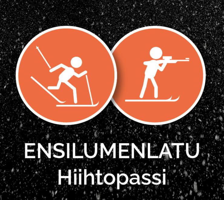 Ensilumenladun hiihtopassi: Musta lumisateinen tausta, maastohiihtäjän ja ampumahiihtäjän ikonit oranssin ympyrän sisällä.